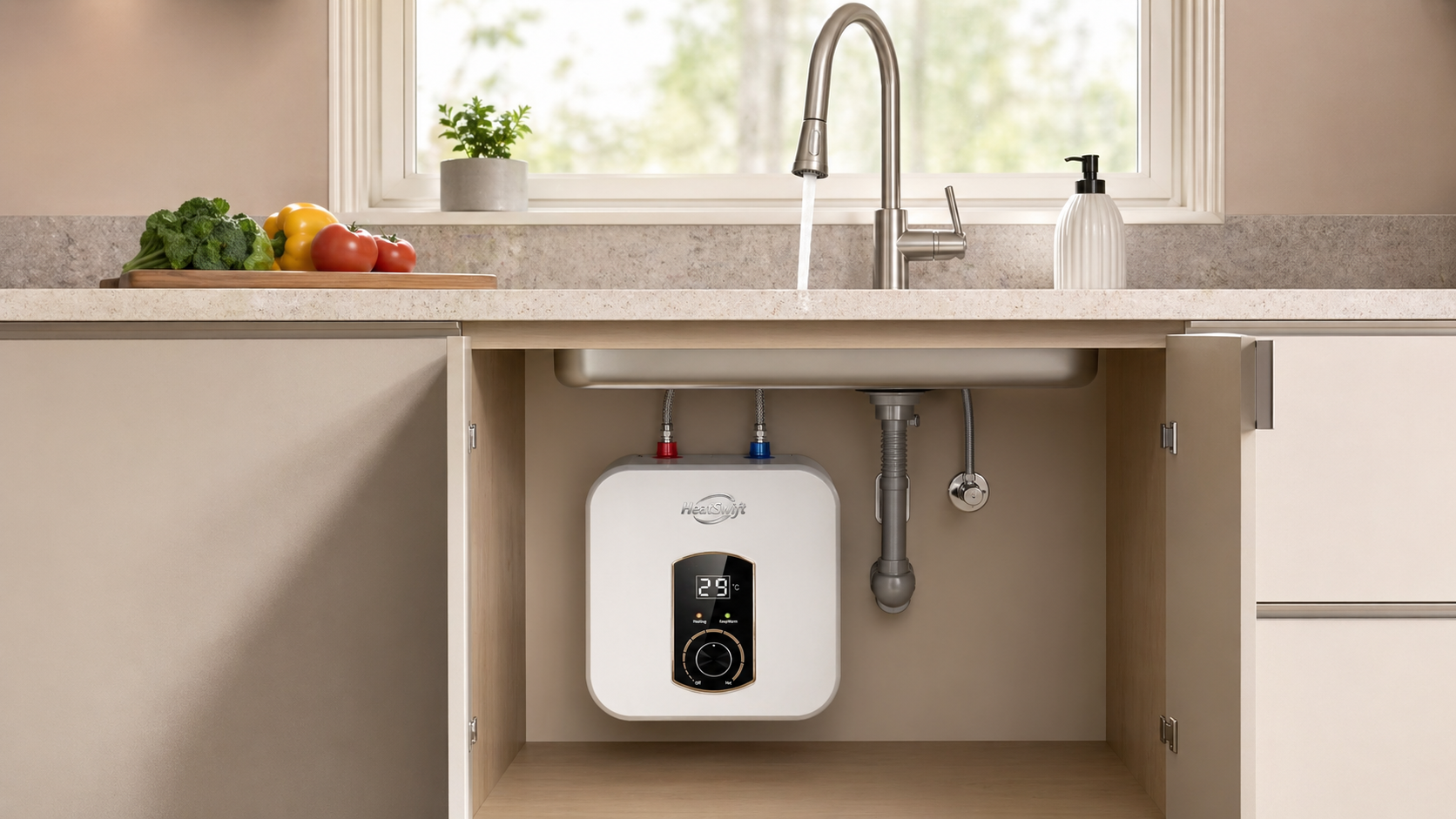 Under sink electric water heater installed in a modern kitchen cabinet with hot water running from the faucet.