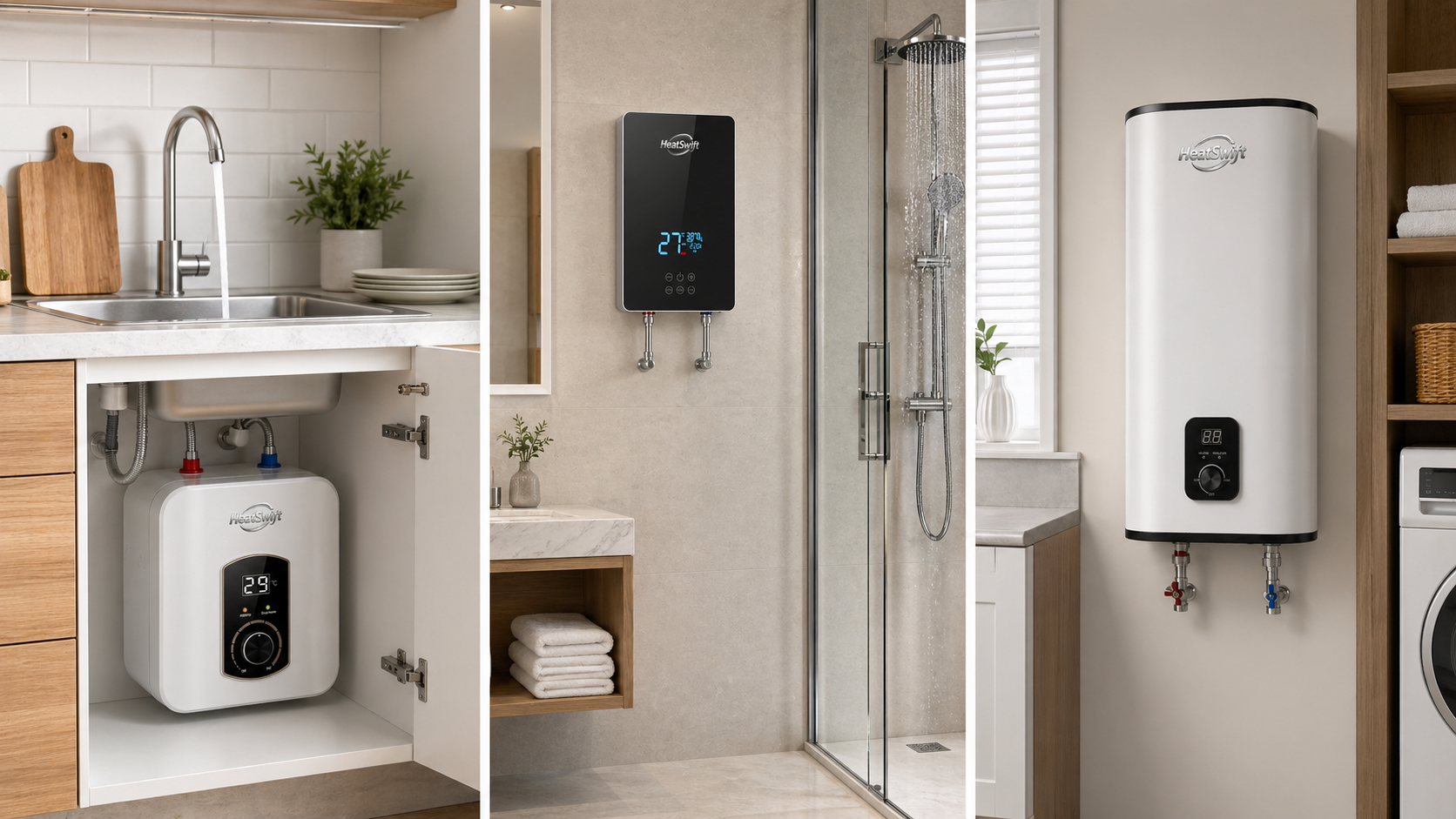 Modern home with under sink, instant, and storage electric water heaters installed in kitchen and bathroom spaces.