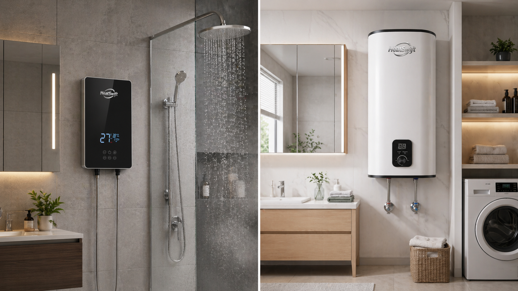 Instant electric water heater and storage electric water heater installed in modern bathroom spaces for comparison.