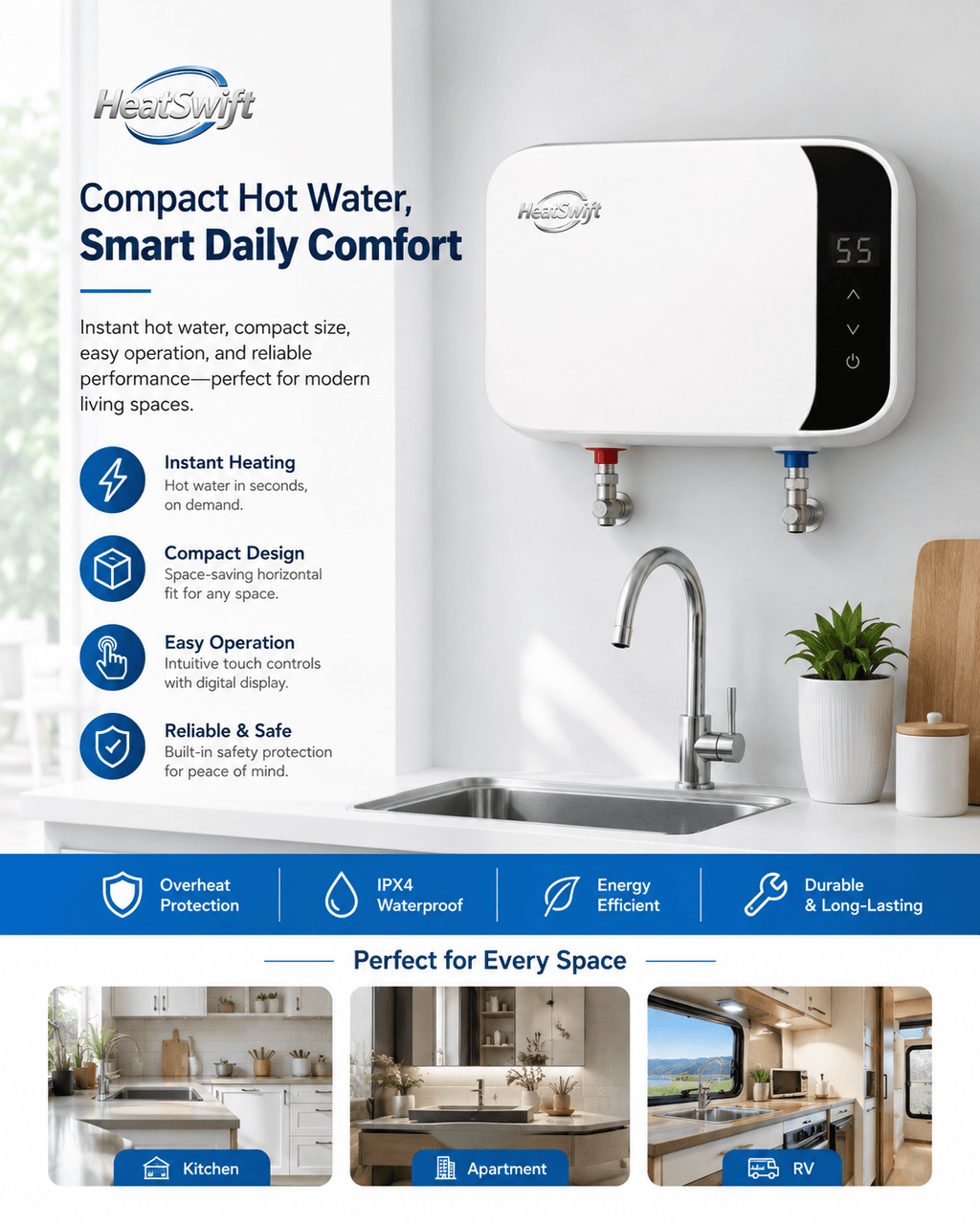 Horizontal Side - Panel Instant Electric Water Heater - HeatSwift