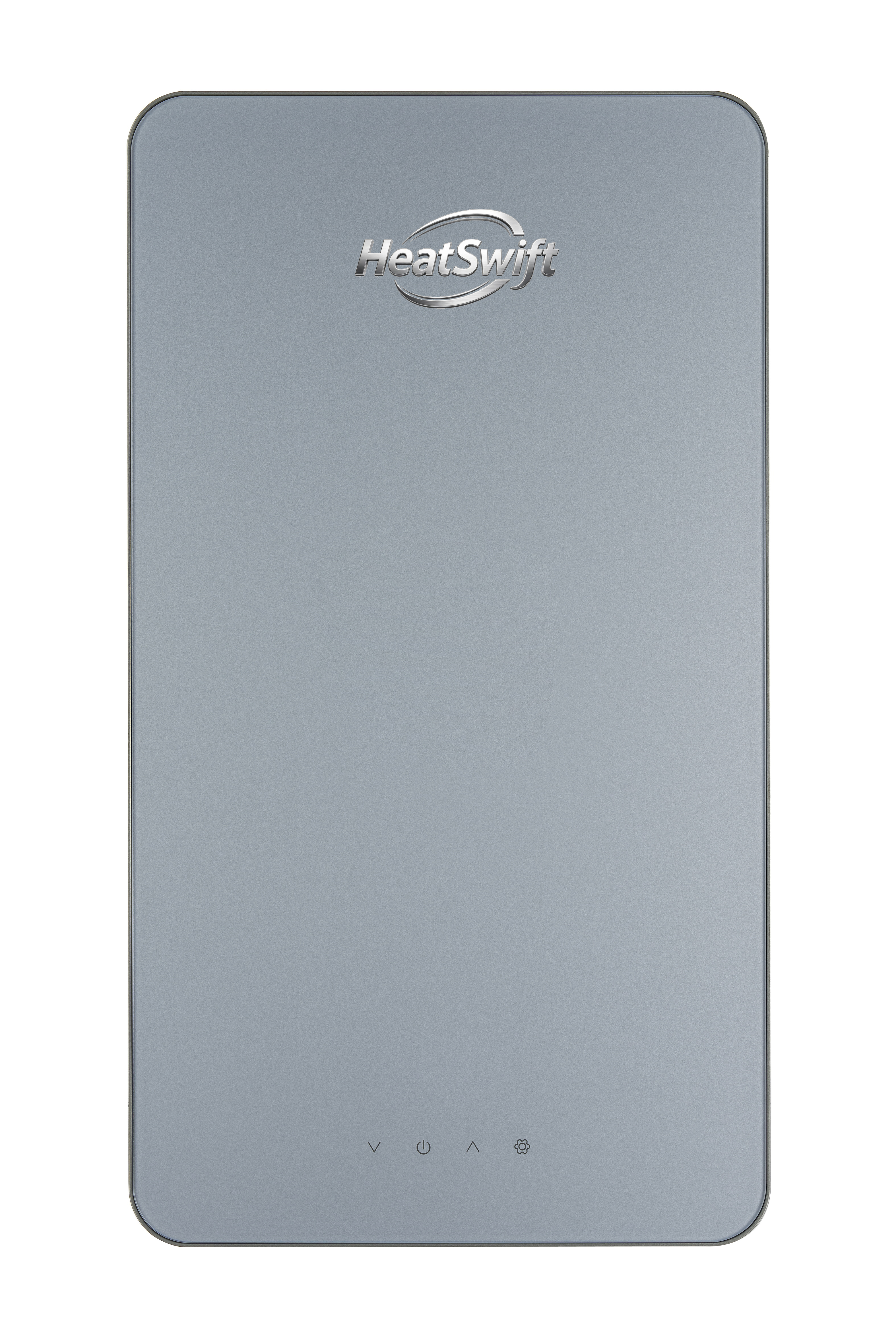 Slim dual-tank electric water heater in silver gray for bathroom use