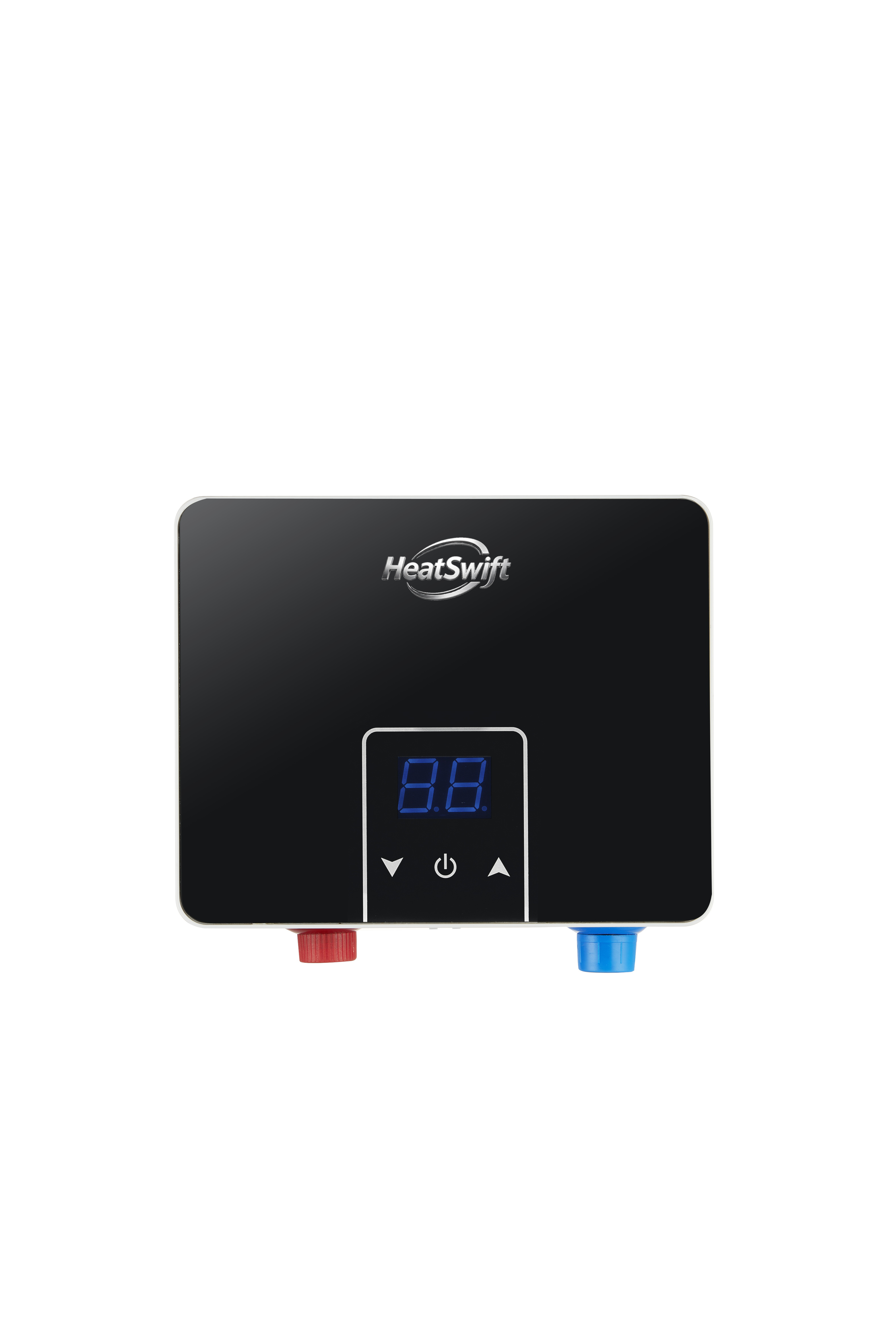 Compact instant electric water heater Black glass panel and digital display in white