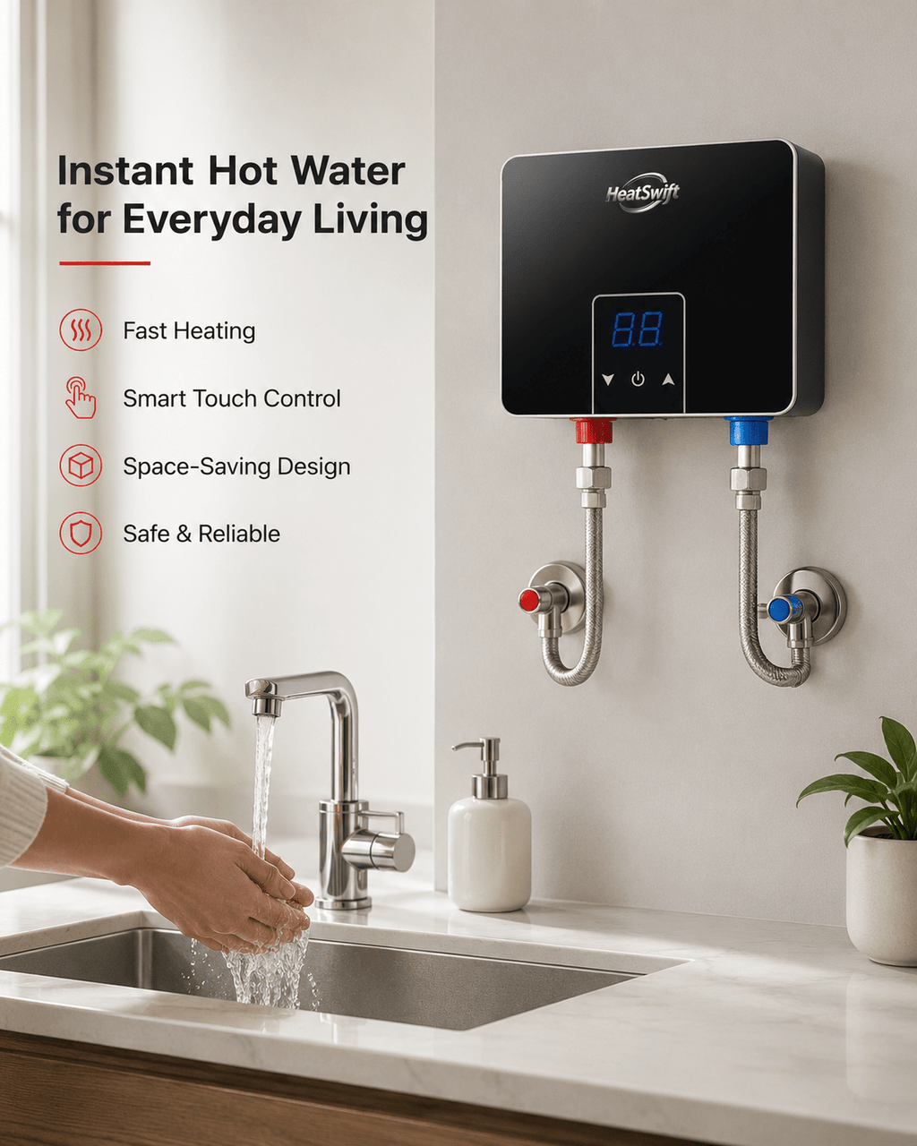 Compact Instant Electric Water Heater with Glass Panel - HeatSwift
