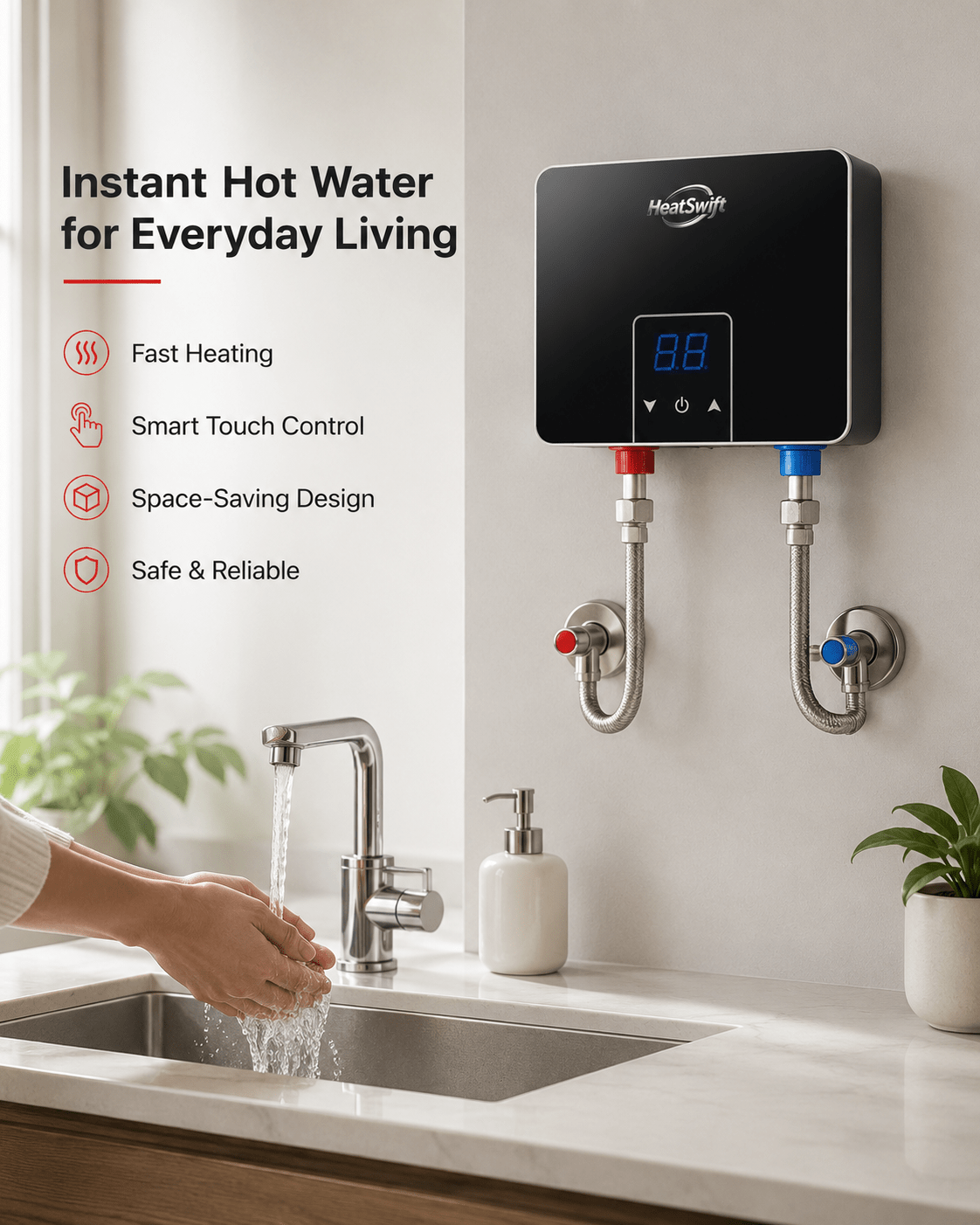 Compact Instant Electric Water Heater with Glass Panel - HeatSwift